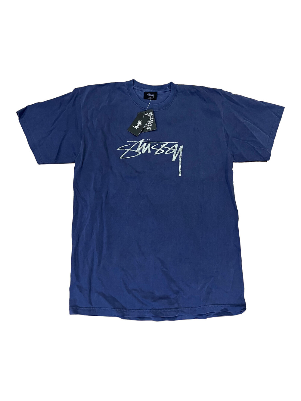 NWT Stussy Center Logo Pigment Dyed Blue T Shirt Men’s Size Medium Faded